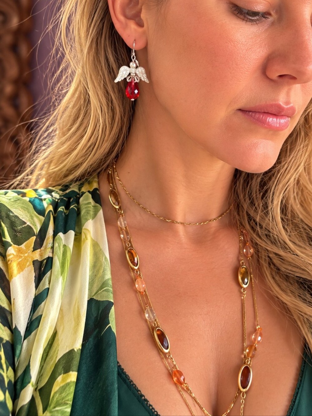 Silver Angel Red Teardrop Earrings